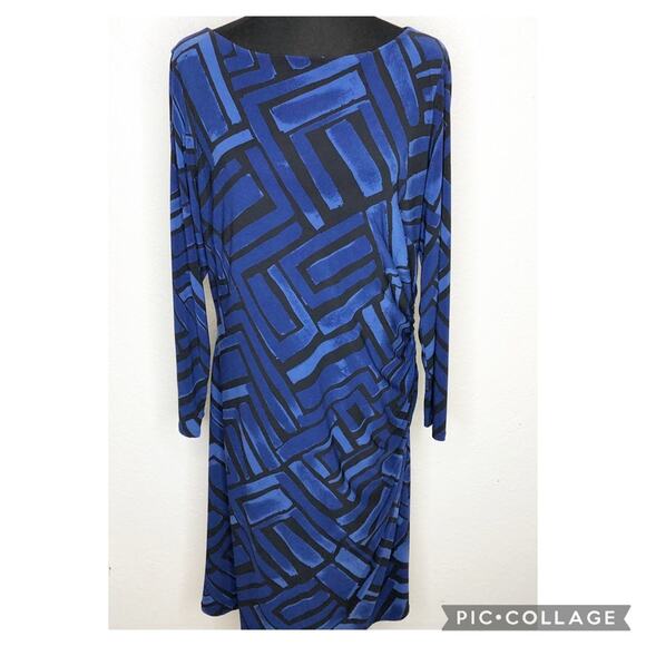 Lauren Ralph Lauren blue black geometric ruched side midi dress size 16W - Picture 1 of 12